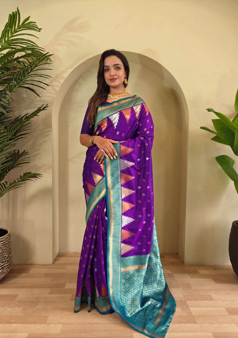 Purple Silk Blend Saree Set with Zari Work for Diwali | Wedding & Festive Wear - Indya