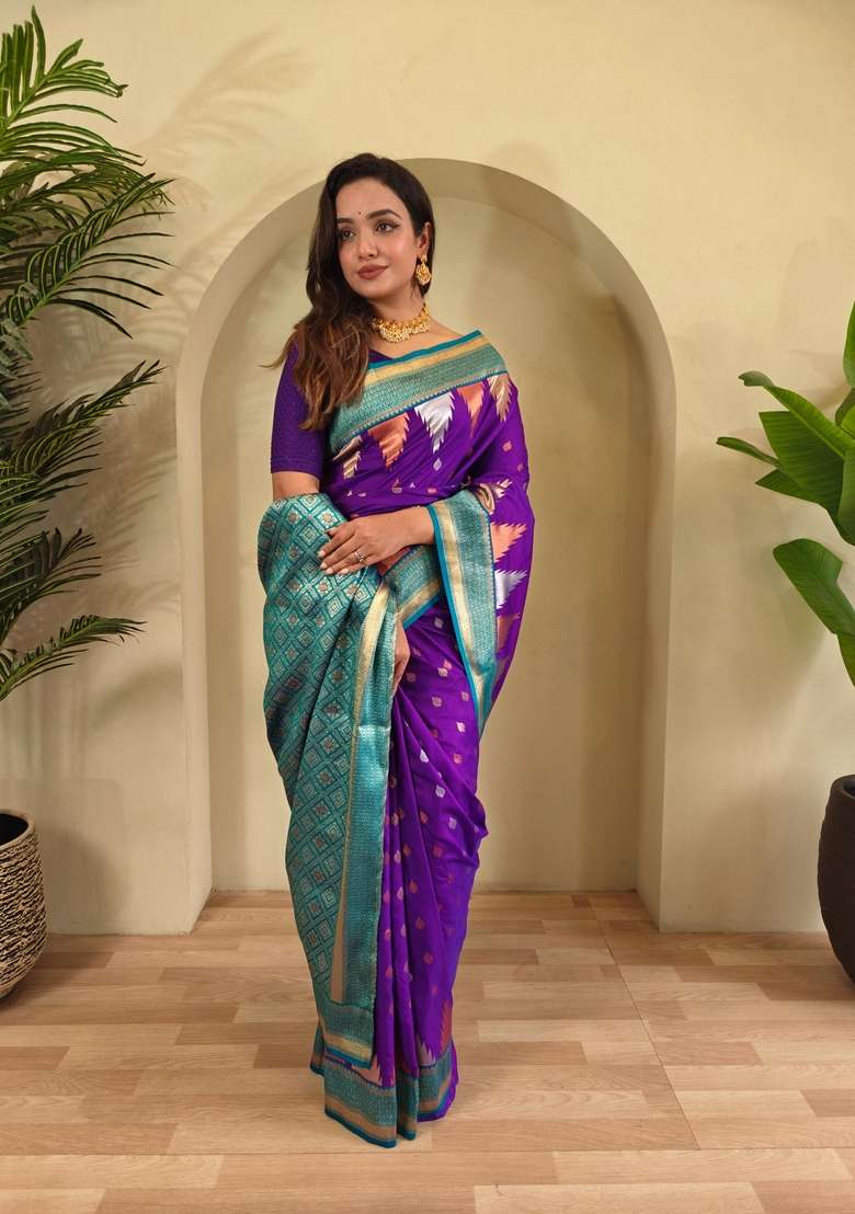 Purple Silk Blend Saree Set with Zari Work for Diwali | Wedding & Festive Wear - Indya