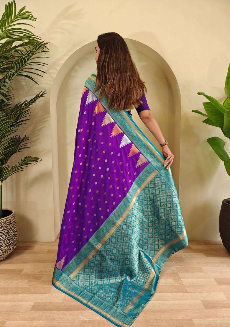Purple Silk Blend Saree Set with Zari Work for Diwali | Wedding & Festive Wear - Indya