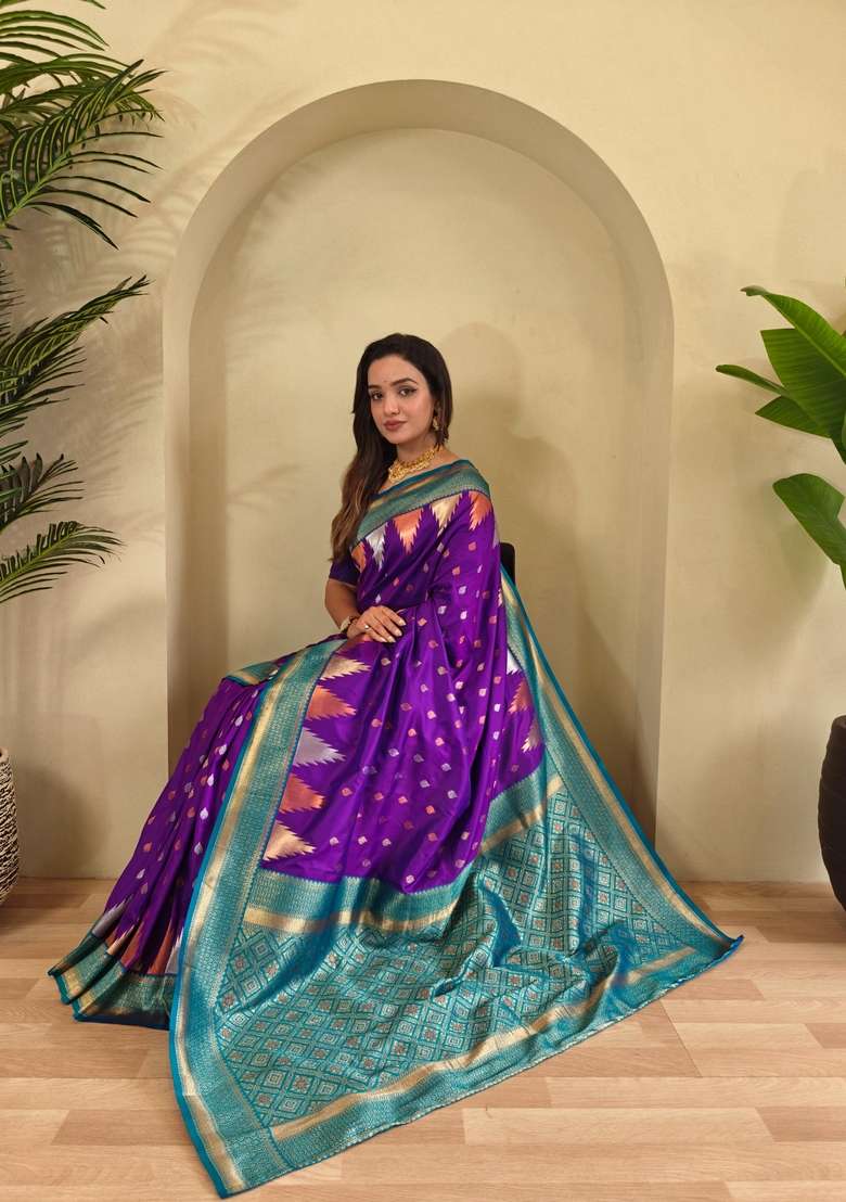 Purple Silk Blend Saree Set with Zari Work for Diwali | Wedding & Festive Wear - Indya