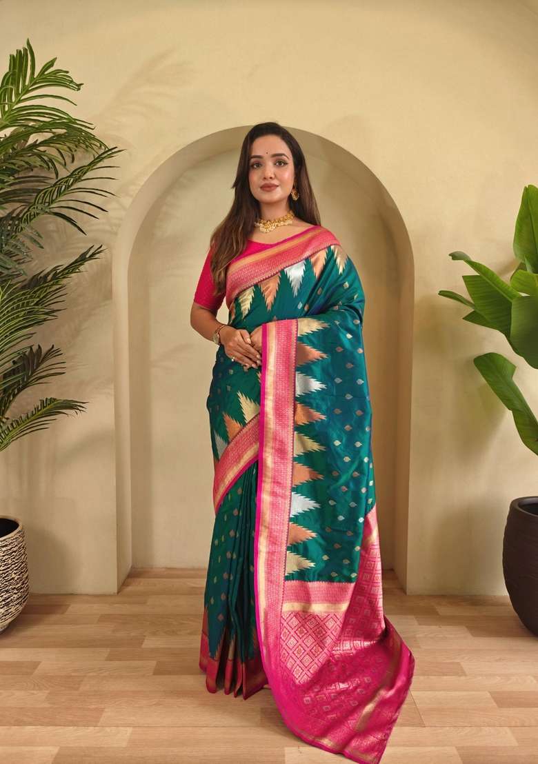Teal Zari Work Silk Blend Saree Set for Diwali and Festive Wear - Indya