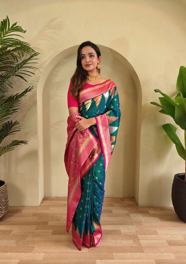Teal Zari Work Silk Blend Saree Set for Diwali and Festive Wear - Indya