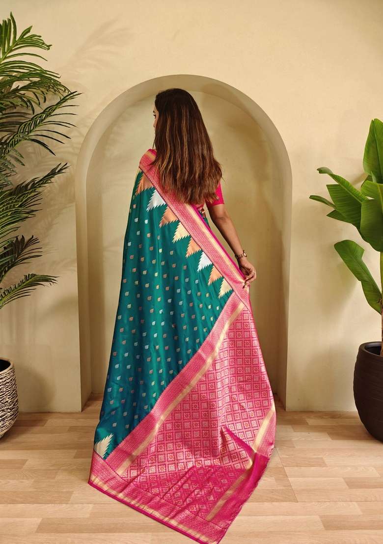 Teal Zari Work Silk Blend Saree Set for Diwali and Festive Wear - Indya