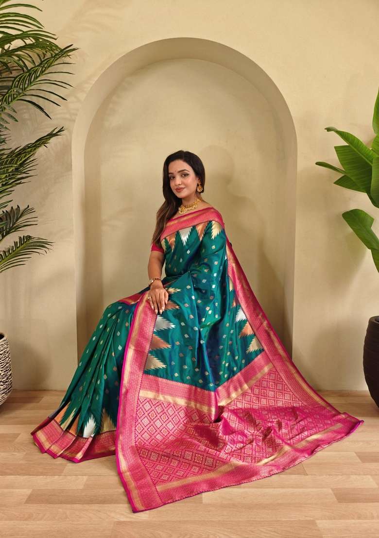 Teal Zari Work Silk Blend Saree Set for Diwali and Festive Wear - Indya