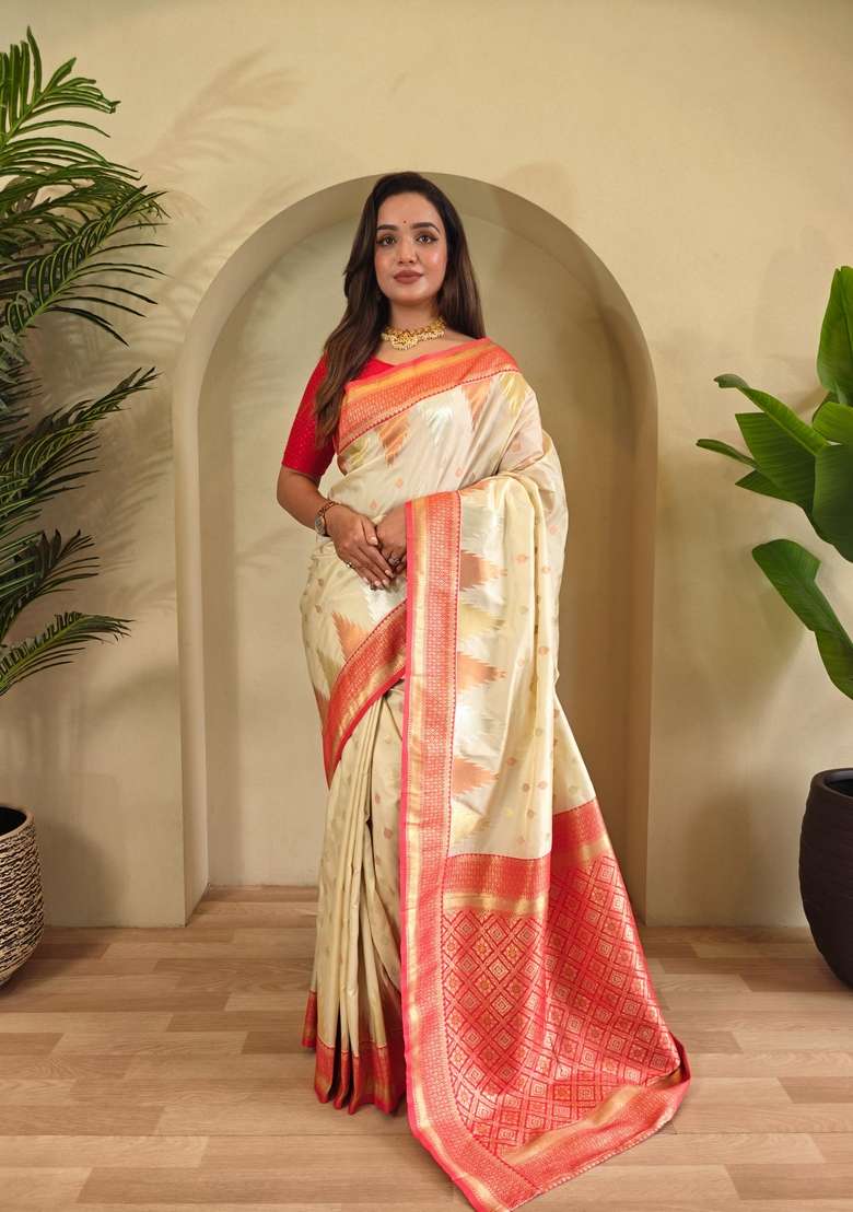 White Zari Work Silk Blend Saree Set for Diwali and Festive Wear - Indya
