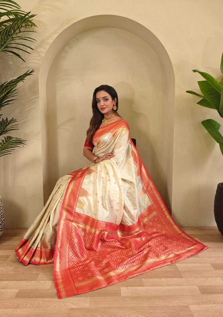 White Zari Work Silk Blend Saree Set for Diwali and Festive Wear - Indya
