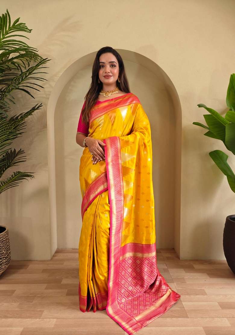Yellow Silk Blend Saree Set with Zari Work for Diwali | Wedding & Festive Wear - Indya
