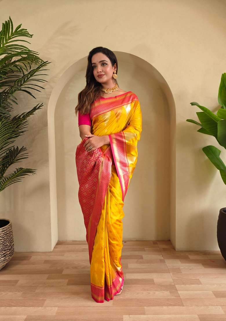 Yellow Silk Blend Saree Set with Zari Work for Diwali | Wedding & Festive Wear - Indya