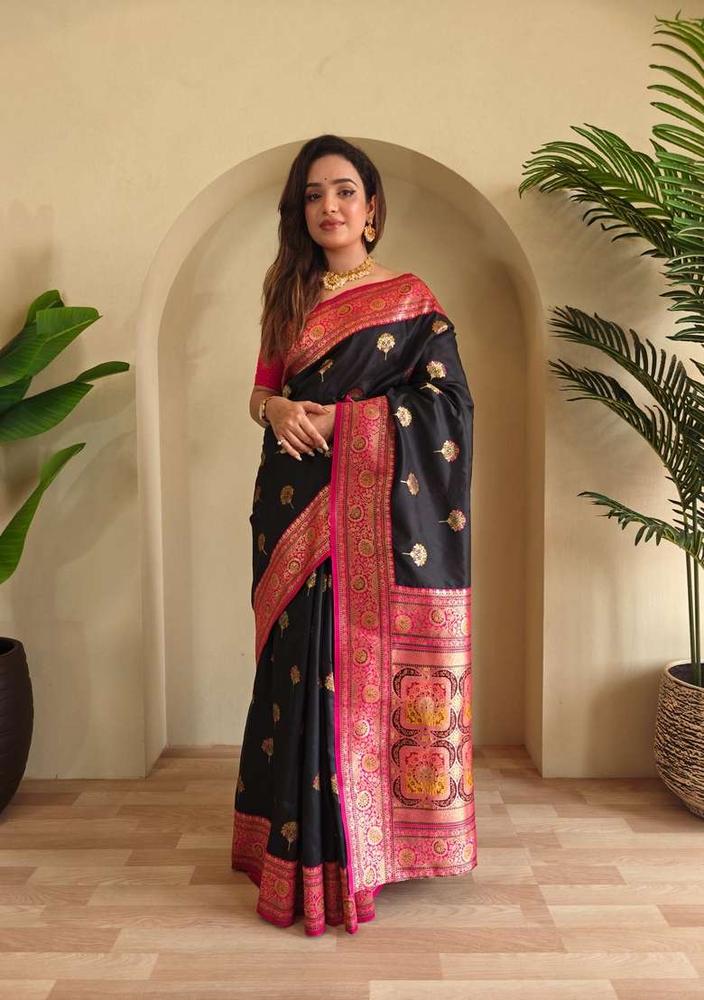 Black Zari Work Silk Blend Saree Set for Diwali and Festive Wear - Indya