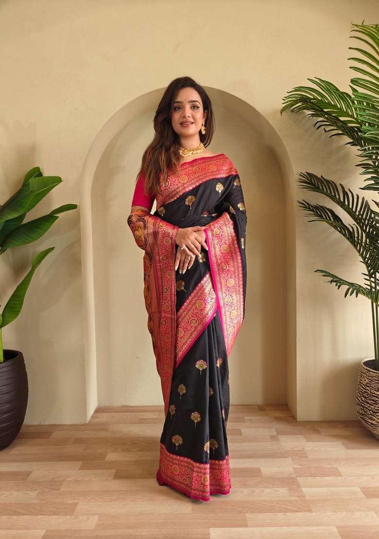 Black Zari Work Silk Blend Saree Set for Diwali and Festive Wear - Indya