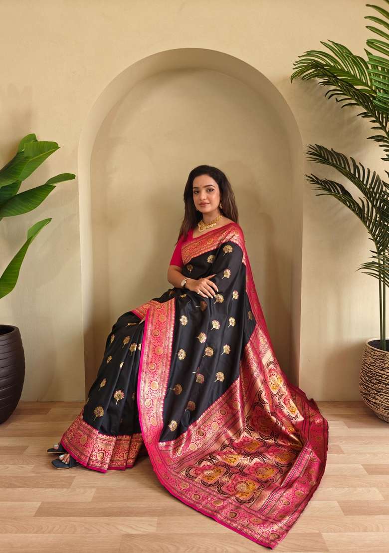 Black Zari Work Silk Blend Saree Set for Diwali and Festive Wear - Indya