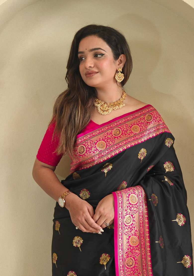 Black Zari Work Silk Blend Saree Set for Diwali and Festive Wear - Indya