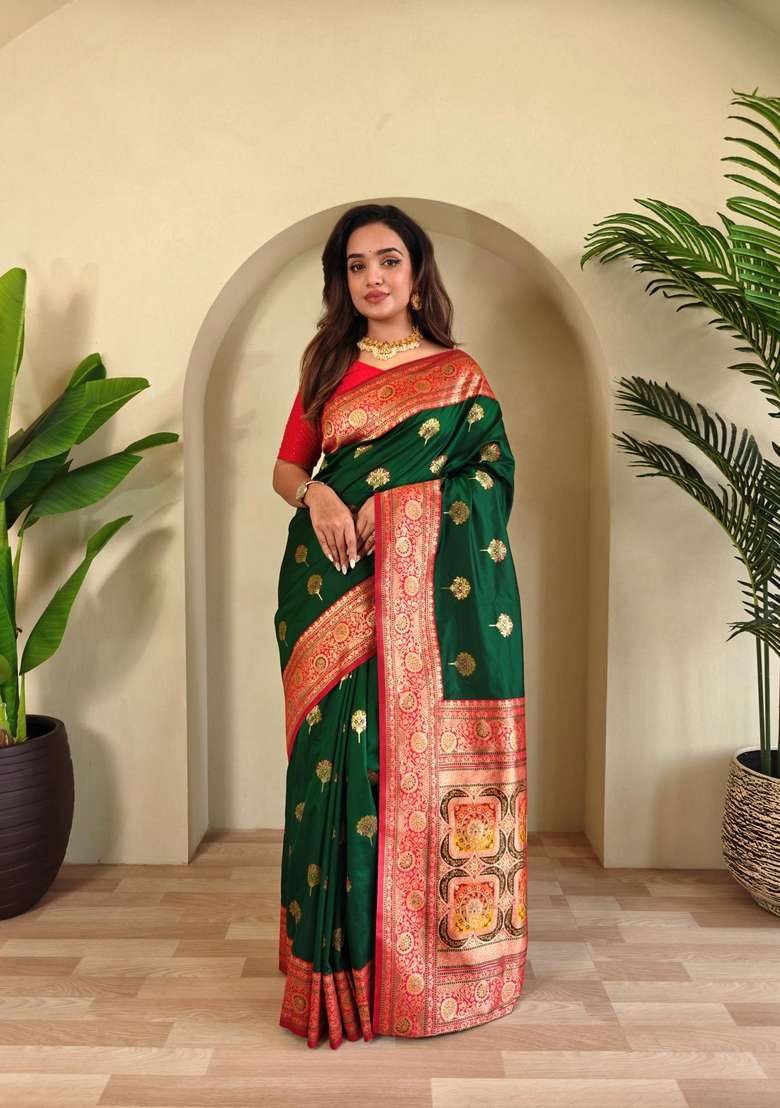 Green Zari Work Silk Blend Saree Set for Diwali and Festive Wear - Indya