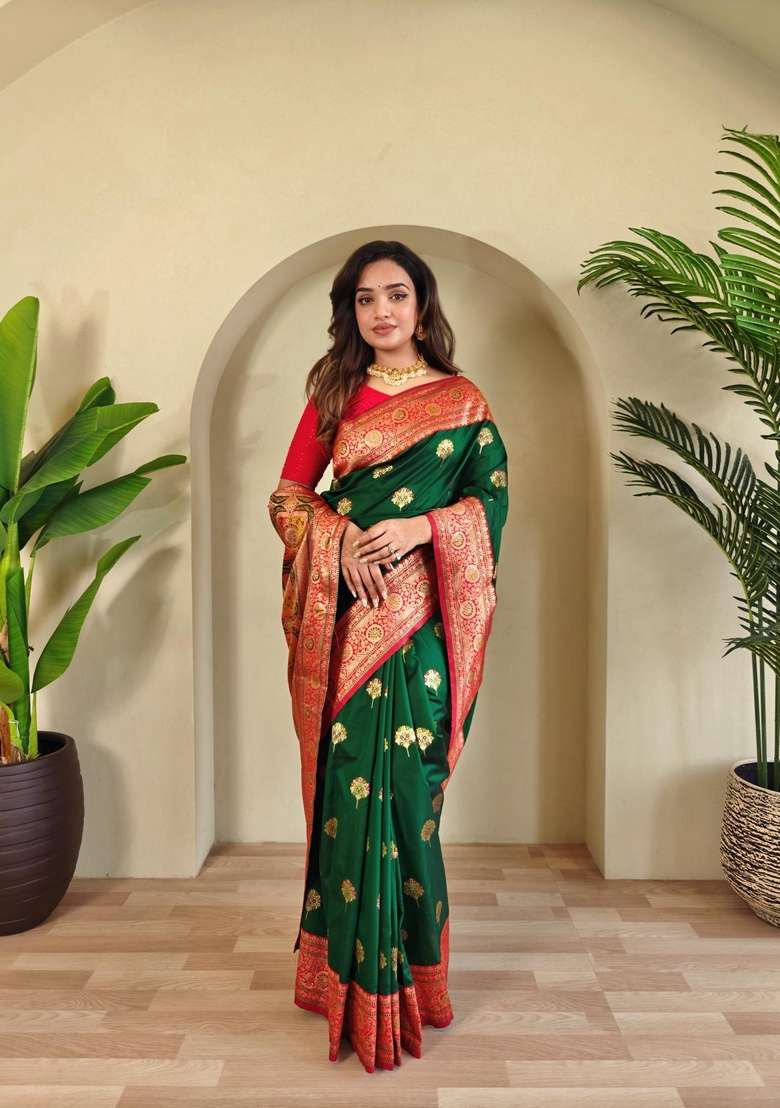 Green Zari Work Silk Blend Saree Set for Diwali and Festive Wear - Indya