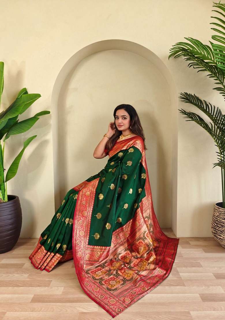 Green Zari Work Silk Blend Saree Set for Diwali and Festive Wear - Indya