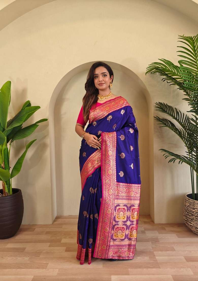 Magenta Silk Blend Saree Set with Zari Work for Diwali | Wedding & Festive Wear - Indya