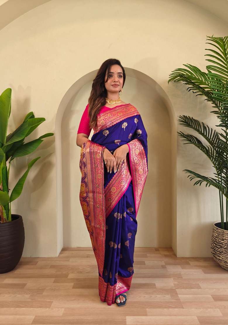 Magenta Silk Blend Saree Set with Zari Work for Diwali | Wedding & Festive Wear - Indya