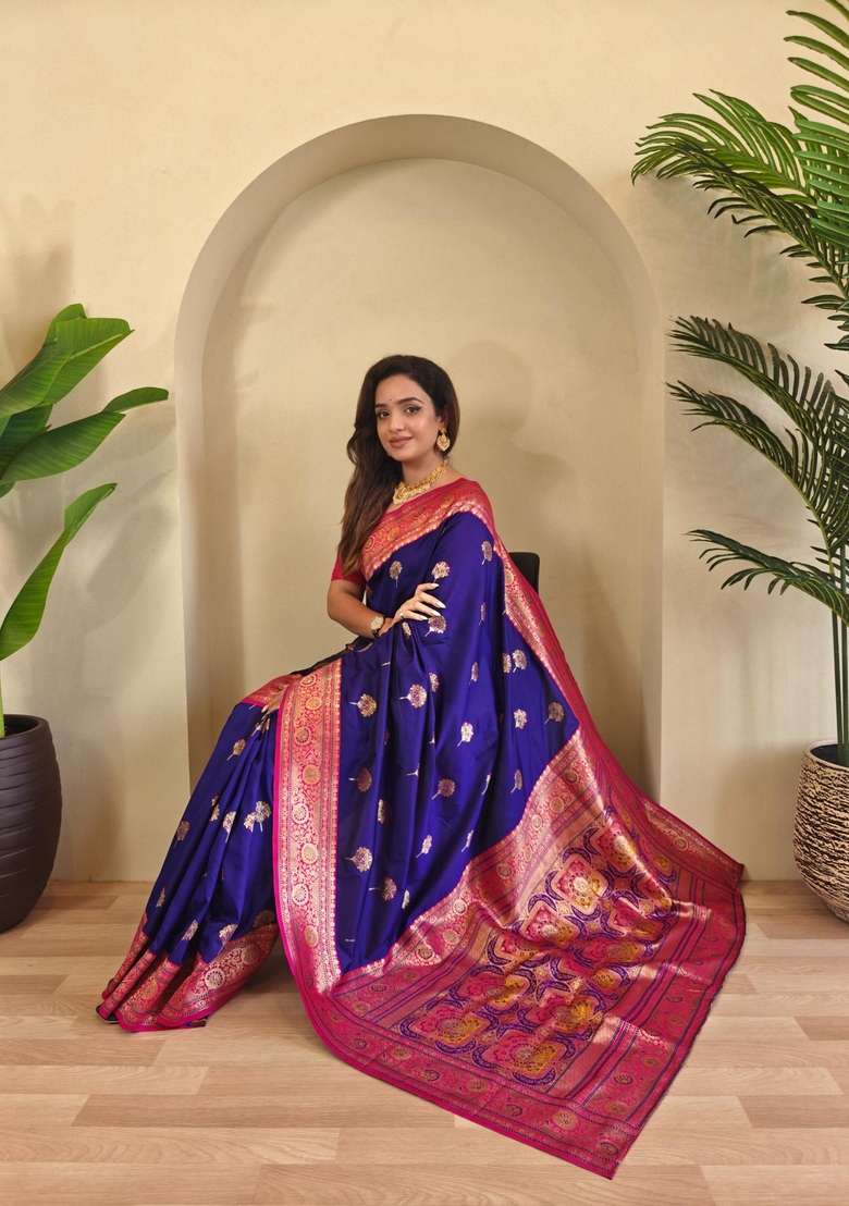 Magenta Silk Blend Saree Set with Zari Work for Diwali | Wedding & Festive Wear - Indya