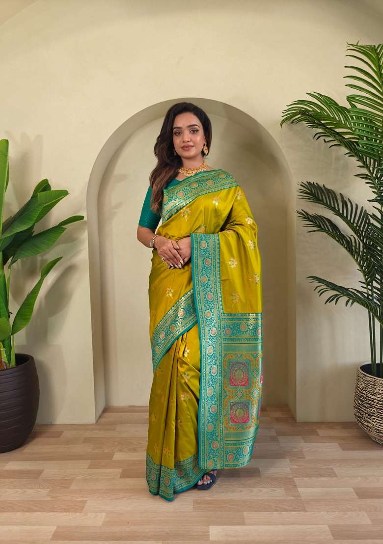 Mehendi Zari Work Silk Blend Saree Set for Diwali and Festive Wear - Indya