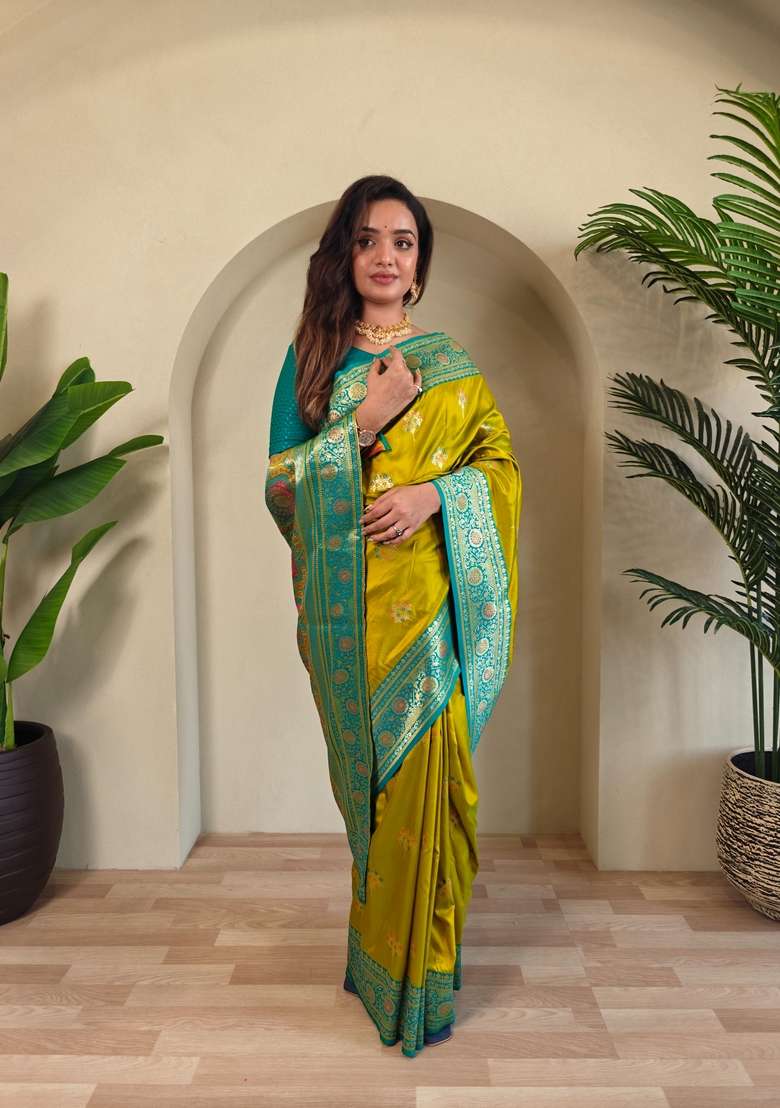 Mehendi Zari Work Silk Blend Saree Set for Diwali and Festive Wear - Indya