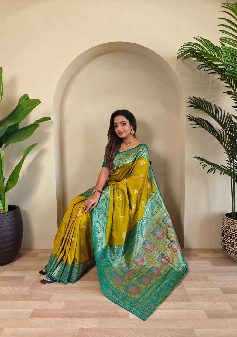 Mehendi Zari Work Silk Blend Saree Set for Diwali and Festive Wear - Indya