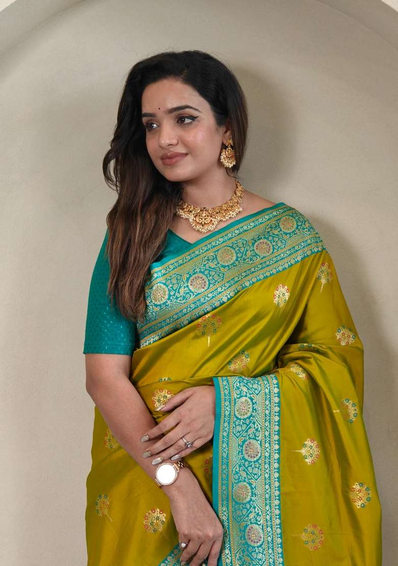 Mehendi Zari Work Silk Blend Saree Set for Diwali and Festive Wear - Indya