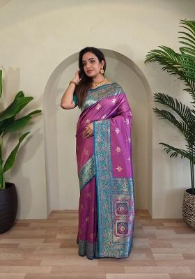 Onion Pink Zari Work Silk Blend Saree Set