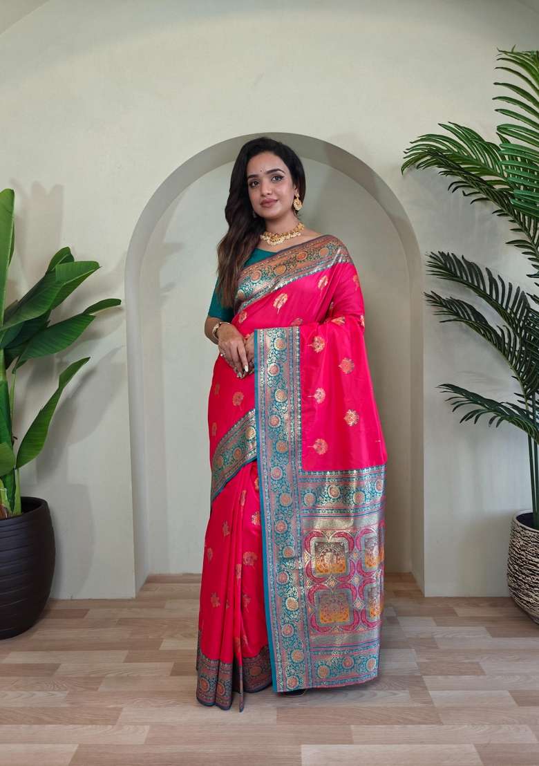 Pink Zari Work Silk Blend Saree Set for Diwali and Festive Wear - Indya
