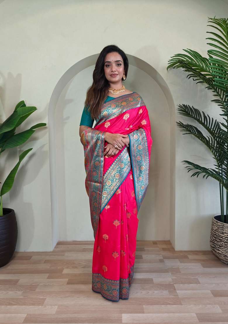 Pink Zari Work Silk Blend Saree Set for Diwali and Festive Wear - Indya