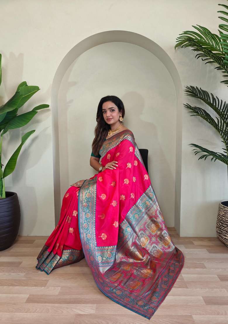 Pink Zari Work Silk Blend Saree Set for Diwali and Festive Wear - Indya