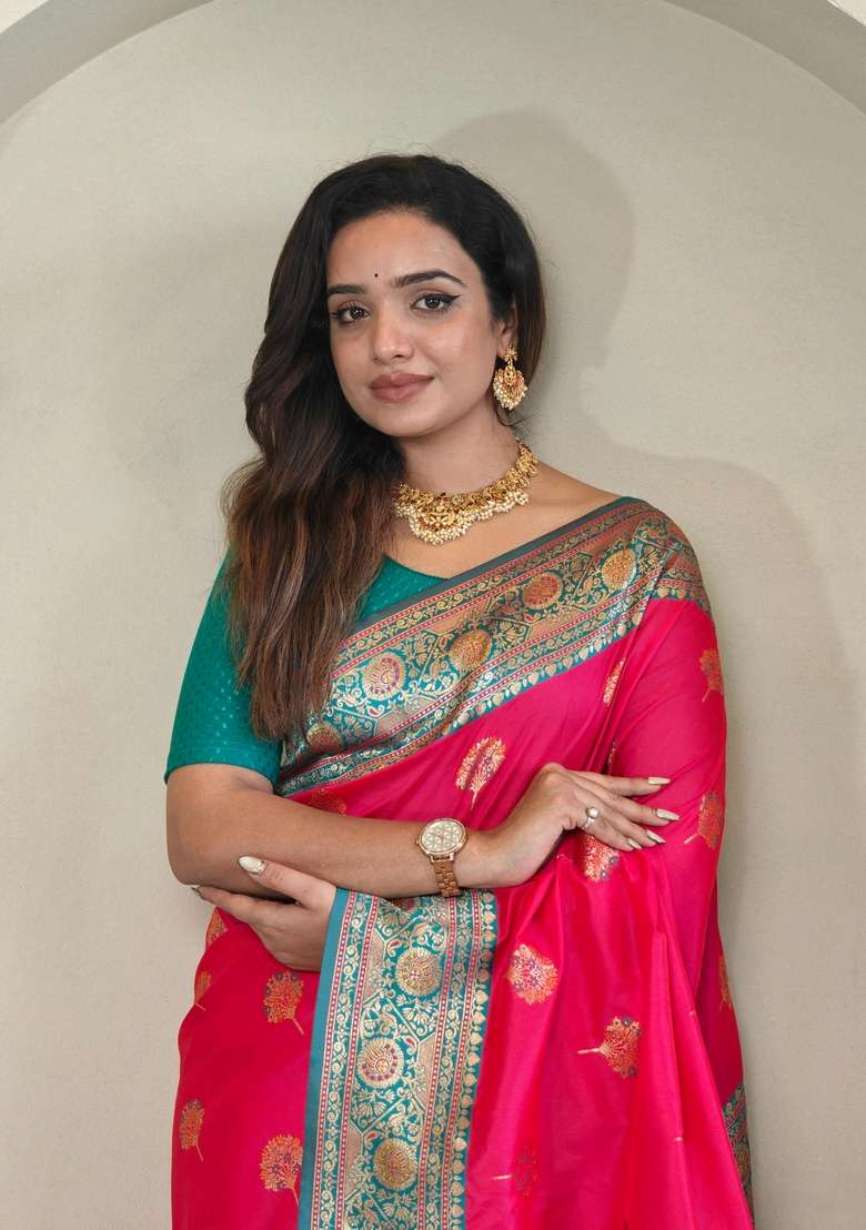 Pink Zari Work Silk Blend Saree Set for Diwali and Festive Wear - Indya