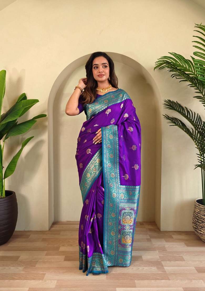 Purple Zari Work Silk Blend Saree Set for Diwali and Festive Wear - Indya