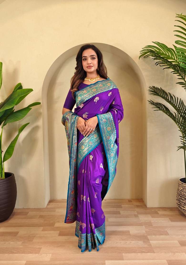 Purple Zari Work Silk Blend Saree Set for Diwali and Festive Wear - Indya