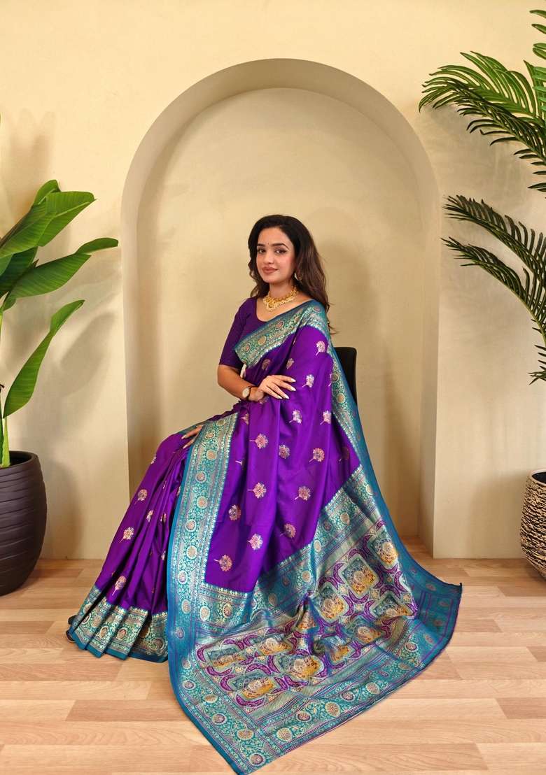 Purple Zari Work Silk Blend Saree Set for Diwali and Festive Wear - Indya