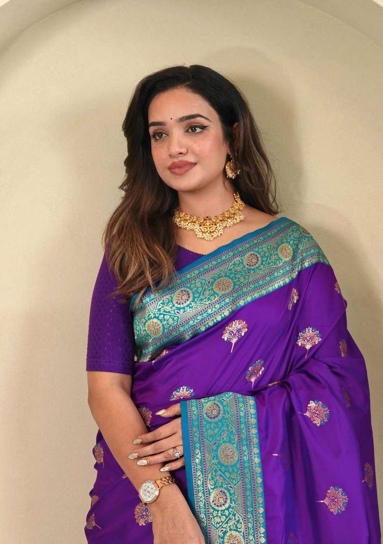 Purple Zari Work Silk Blend Saree Set for Diwali and Festive Wear - Indya