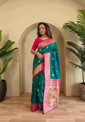 Rama Green Zari Work Silk Blend Saree Set
