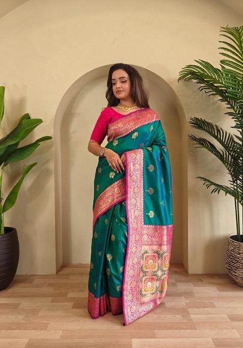 Rama Green Zari Work Silk Blend Saree Set