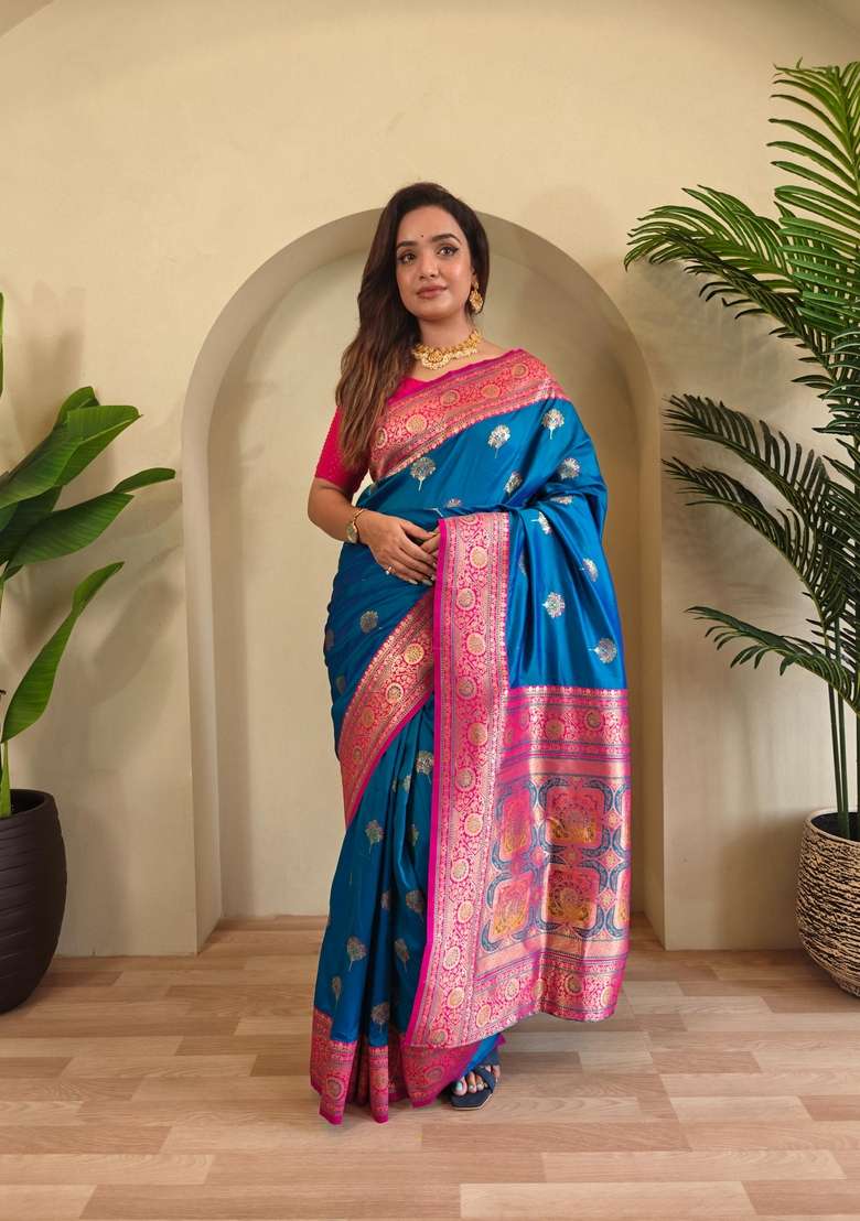Teal Silk Blend Saree Set with Zari Work for Diwali | Wedding & Festive Wear - Indya