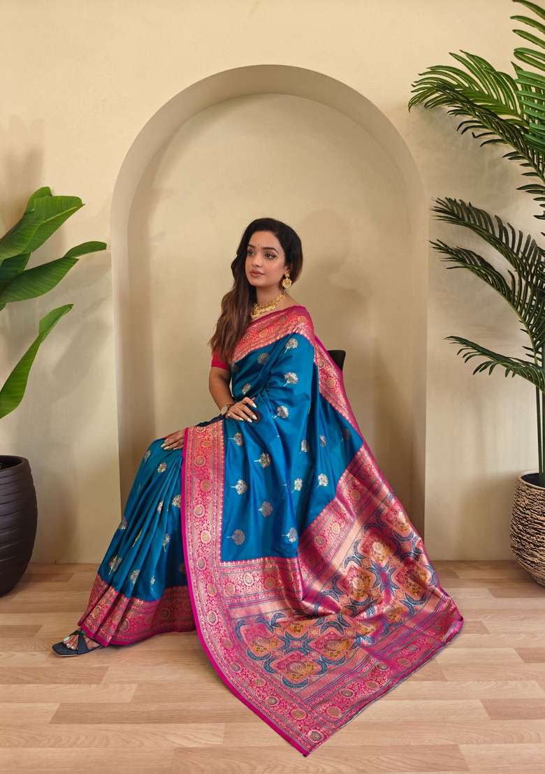 Teal Silk Blend Saree Set with Zari Work for Diwali | Wedding & Festive Wear - Indya