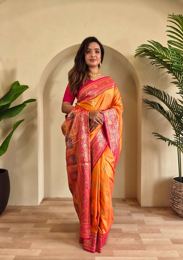 Yellow Zari Work Silk Blend Saree Set for Diwali and Festive Wear - Indya