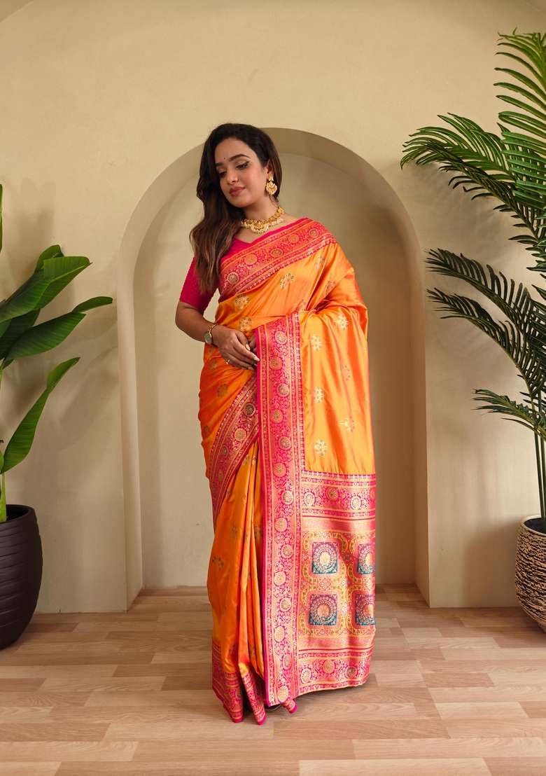 Yellow Zari Work Silk Blend Saree Set for Diwali and Festive Wear - Indya