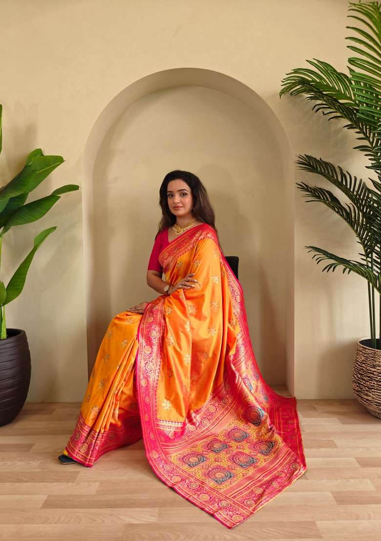 Yellow Zari Work Silk Blend Saree Set for Diwali and Festive Wear - Indya