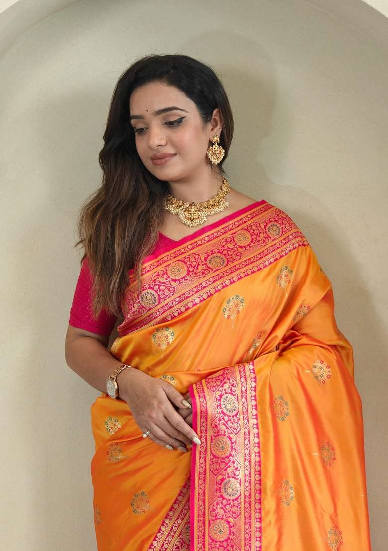 Yellow Zari Work Silk Blend Saree Set for Diwali and Festive Wear - Indya