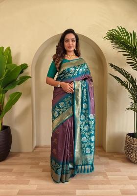 Dark Onion Pink Zari Work Silk Blend Saree Set