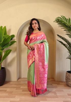Light Green Zari Work Silk Blend Saree Set
