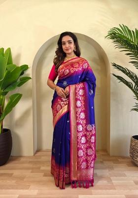 Magenta Zari Work Silk Blend Saree Set