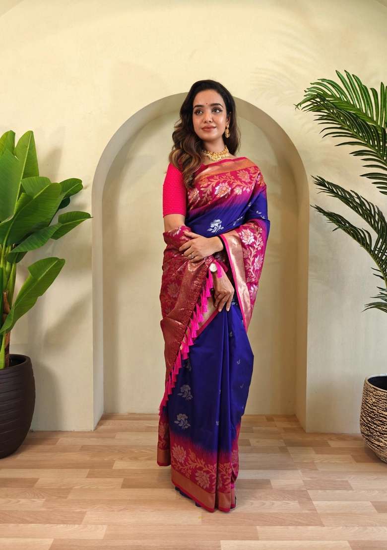 Magenta Silk Blend Saree Set with Zari Work for Diwali | Wedding & Festive Wear - Indya