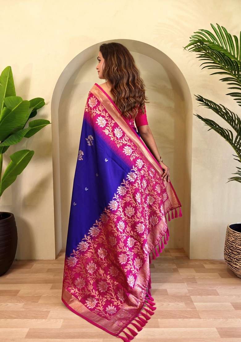 Magenta Silk Blend Saree Set with Zari Work for Diwali | Wedding & Festive Wear - Indya