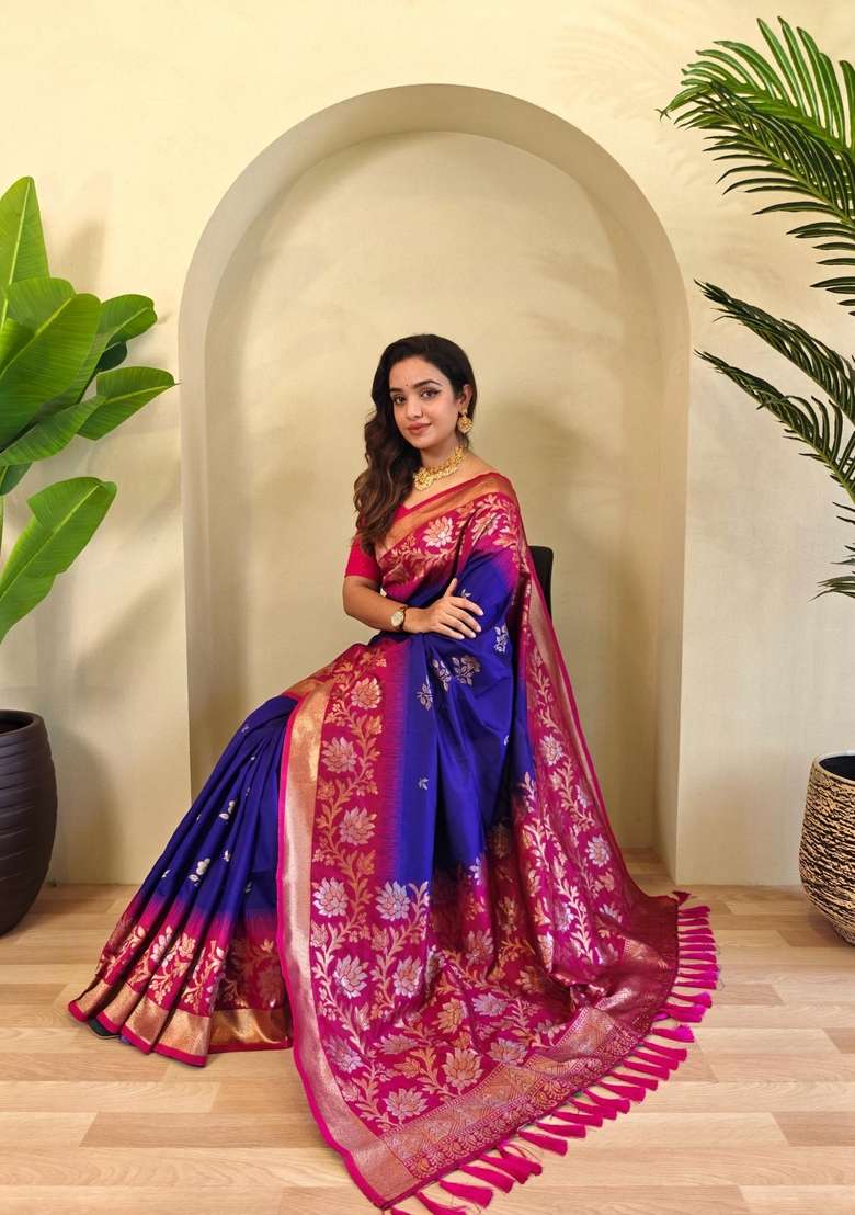 Magenta Silk Blend Saree Set with Zari Work for Diwali | Wedding & Festive Wear - Indya