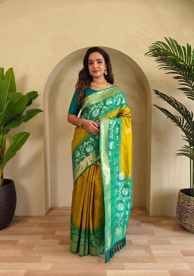 Mehendi Zari Work Silk Blend Saree Set for Diwali and Festive Wear - Indya